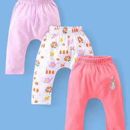 Babyhug Cotton Ankle Length Diaper Pants Floral & Dot Print Pack of 3- Pink White & Purple-image-57