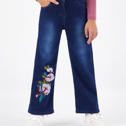 Primo Gino Cotton Elastane Woven Full Length Washed Denim Jeans with Floral Embroidery - Mid Blue-image-54