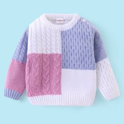 Babyhug 100% Acrylic Knit Full Sleeves Sweater with Colour Block Design - White & Purple-picture-11
