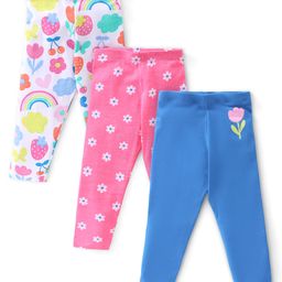 Babyhug Cotton Lycra Full Length Floral Printed LeggingsPack of 3 - Blue & Pink-image-91