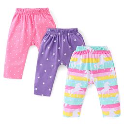 Babyhug Cotton Knit Anti Bacterial Full Length Diaper Pants Unicorn Printed Pack of 3 - Pink & Purple-image-95