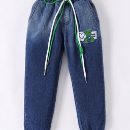 Kookie Kids Denim Full Length Bear Embroidered & Draw Cords Detailing Jeans - Blue-image-84