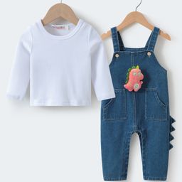 Kookie Kids Full Sleeves T-Shirt & Denim Dungaree Set with Dino Applique - Blue-picture-17