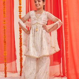 Pspeaches Silk Blend Half Sleeves  Floral Foil Printed  Kurta With Sharara & Dupatta - White-image-92