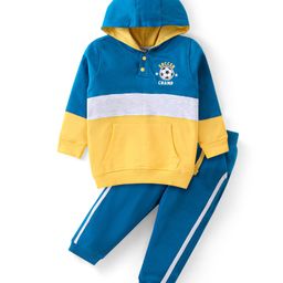 Babyhug Single Jersey Knit Full Sleeves Hooded Colour Block T-Shirt with Kangaroo Pocket & Lounge Pants Set Solid Colour - Navy-image-2