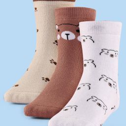 Cute Walk by Babyhug Terry Knit Anti-Bacterial Ankle Length Teddy Bear Designed Socks Pack of 3 - Cream Brown & White-image-41
