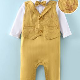 Mark & Mia Full Sleeves Printed Textured Party Romper with Waist Coat & Bow - Yellow-image-19