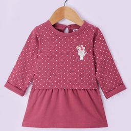Zero Sinker Knit Full Sleeves Frock With Polka Dots & Teddy Patch - Wine-picture-4