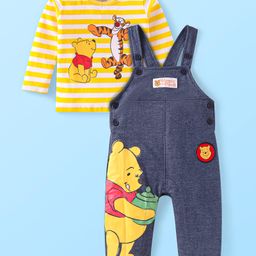 Babyhug Disney Cotton Knit Full Sleeves Striped Winnie The Pooh Printed T-Shirt & Dungaree Style Romper - Blue & Yellow-image-77