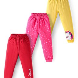 Doodle PoodleCotton Knit Full Length Lounge Pants with Text & Unicorn Print Pack of 3 - Yellow Red & Pink-image-18