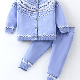 ToffyHouse CottonKnitted Full Raglan Sleeves Front Open Sweater Set With Argyle Design - Sky Blue-3