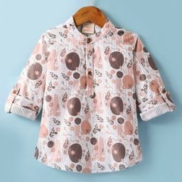 Rikidoos Full Sleeves Leaves Printed Kurta Style Ribbed Shirt - Peach-image-16