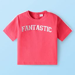 Babyhug Cotton Kint Half Sleeves Drop Shoulder T-Shirt With Foil Text Print - Dark Pink-image-30