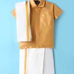 Dapper Dudes Half Sleeves Solid Shirt With Mundu & Angavastram Set - Fone-picture-25