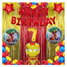 Bubble Trouble 7 Gold Balloons with Iron Man Theme Birthday Decoration Items or Kit Red Foil BannerSet of 13 Letters with 30 HD Royal Blue Gold & Red Metallic Balloons celebration Decoration-image-82