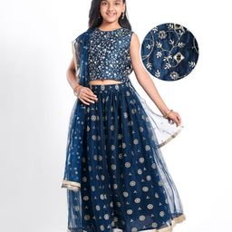 Pine Kids Woven Sleeveless Floral Embroidered Choli Lehenga Set with Dupatta Glitter Print & Lace Detailing - Navy Blue-image-62