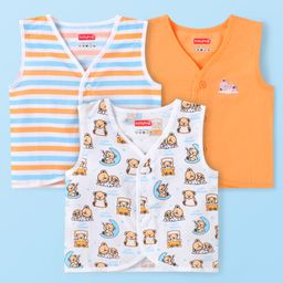 Babyhug 100% Cotton Woven Sleeveless Jhablas with Stripes & Teddy Bear Print Pack of 3 - White Orange & Sky Blue-image-45