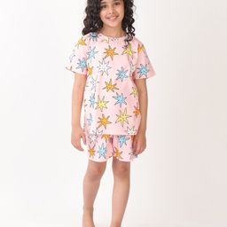 Anthrilo Cotton Knit Half Sleeves Stars Printed Coordinating Tee & Shorts Set - Pink-image-86