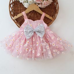 Qvink Net Sleeveless Daisy Printed Sequin Embellished Bow Applique Dress - Pink-picture-11