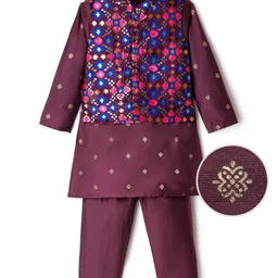 EARTHY TOUCH Woven Full Sleeves Glitter Printed Kurta Pajama Set with Jacket - Purple-picture-21