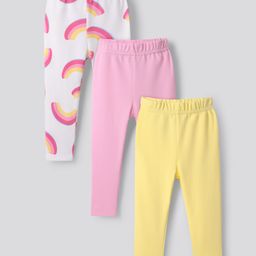 Bonfino 100% Cotton Knit Leggings with Butterfly Print Pack of 3 - Yellow Pink & White-image-56