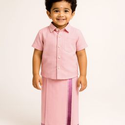 Babyhug Woven Half Sleeves Solid Shirt & Mundu Set - Plum-picture-26