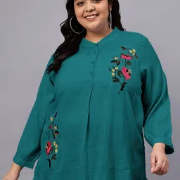 Indietoga Women Plus Size Floral Printed Embroidered Mandarin Collar Cotton Top-picture-26