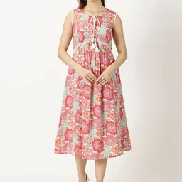 Saffron Threads Floral Print Tie-Up Neck Empire Midi Dress-image-66