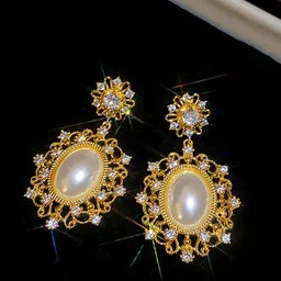 Anouk Korean Gold Plated Artificial Stones Studded Oval Shaped Drop Earrings image 3