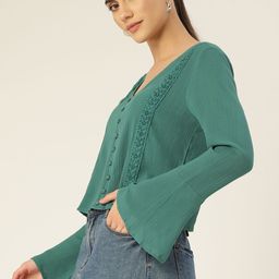 DressBerry Green Self Design Lace Inserts Flared Sleeves Top-picture-14