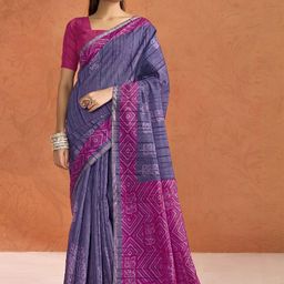 DIVASTRI Ethnic Motifs Zari Silk Cotton Block Print Saree-image-92
