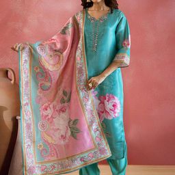 Sangria Floral Embroidered Notch Neck Tissue Silk Straight Kurta With Trousers & Dupatta-image-53