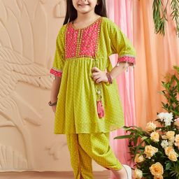 MASTARANG Girls Bandhani Printed Regular Mirror Work Kurta With Dhoti Pants-picture-3