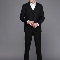 Louis Philippe Men Black & Purple Self-Striped Slim-Fit Single-Breasted Suit-image-39