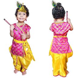 Sarvda Short Sleeves Peacock Feather Print Shri Krishna Kurta And Dhoti With Mukut Basuri Mala Kundal And Morpankh - Blue-image-49