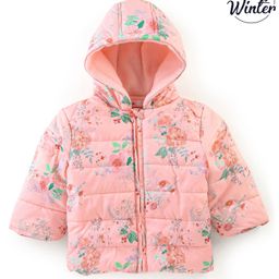 Babyoye Full Sleeves Floral Printed Hooded Jacket - Peach-image-13