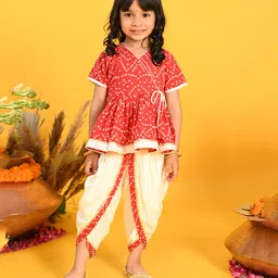Saka Designs By Sapna Half Sleeves Bandhani Design & Gota Lace Embellished Angrakha Style Kurta & Dhoti - Red & White-picture-43