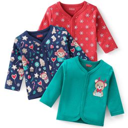 Babyhug 100% Cotton Full Sleeves Front Open Vests Reindeer & Christmas Print Pack of 3- Blue Green & Red-image-86