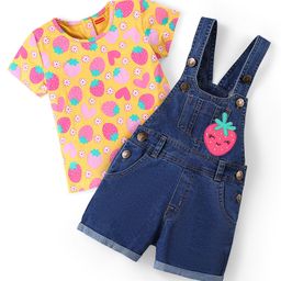 Babyhug Cotton Woven Dungaree with Half Sleeves Inner Tee Fruity Print - Multicolour-image-97