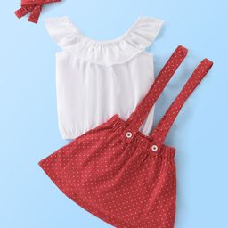 Mark & Mia Sleeveless Top & Skirt Set with Headband Polka Dots Print - White & Red-image-25