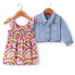 Babyhug Cotton Knit Frock with Full Sleeves Denim Jacket & Floral Print - Multicolour-image-47