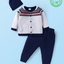 Babyhug Knitted Full Sleeves Front Open Sweater Set with Cap & Aztec Design - Navy Blue-image-19