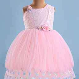 Bluebell Net Woven One Shoulder Sleeves Shimmered Balloon Party Frock with Floral Applique - Pink-image-93