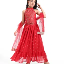Pine Kids Woven Sleeveless Sequined & Embroidered Choli Lehenga Set with Dupatta - Red-picture-45
