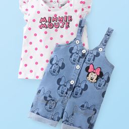Babyhug Disney Single Jersey Frill Sleeves Top With Denim Dungaree Set With Minnie Mouse Applique - White & Blue-picture-2