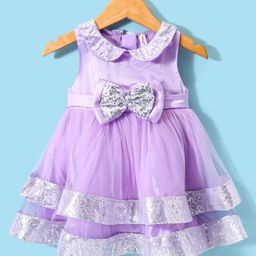 Babyhug Sleeveless Fit & Flared Tiered Sequinned Embellished Peter Pan Collared & Bow Applique Mesh Party Frock - Lavender-image-37