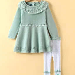 ToffyHouse Cotton Knit Full Sleeves Sweater Dress With Schiffli Detailing & Stockings - Teal-picture-7