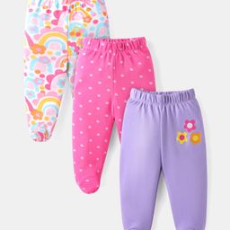 Babyhug Interlock Cotton Knit Bootie Leggings Floral Print Pack of 3 - Pink Purple & White-image-80
