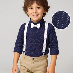 Babyhug Woven Full Sleeves Polka Dots Printed Party Shirt with Bow & Suspender - Navy Blue-image-25