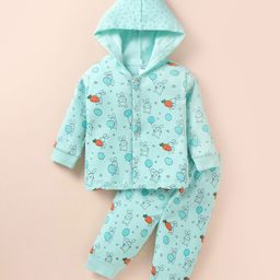 Tango Fleece Knit Full Sleeves Front Open Hooded Jhabla & Pant Set With Bunny Print - Light Blue-picture-10